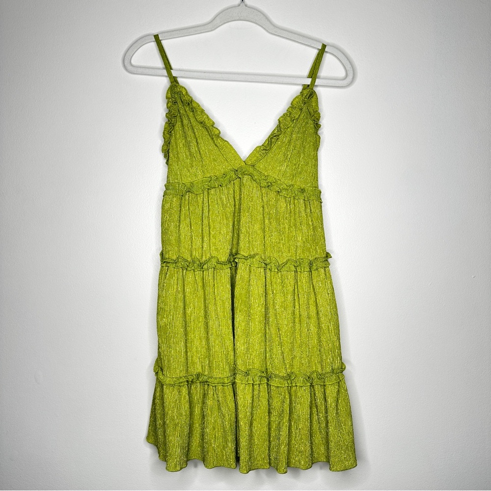 Wild Fable Lime Green Vintage-Inspired Tiered Mini Dress Crinkle Texture XS
